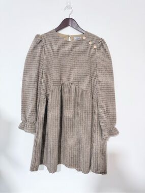 Berthe Paris Dress Womens S 36 NWT Wool Blend Houndstooth Puff Sleeve Babydoll